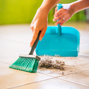 A woman sweeping up dust bunnies